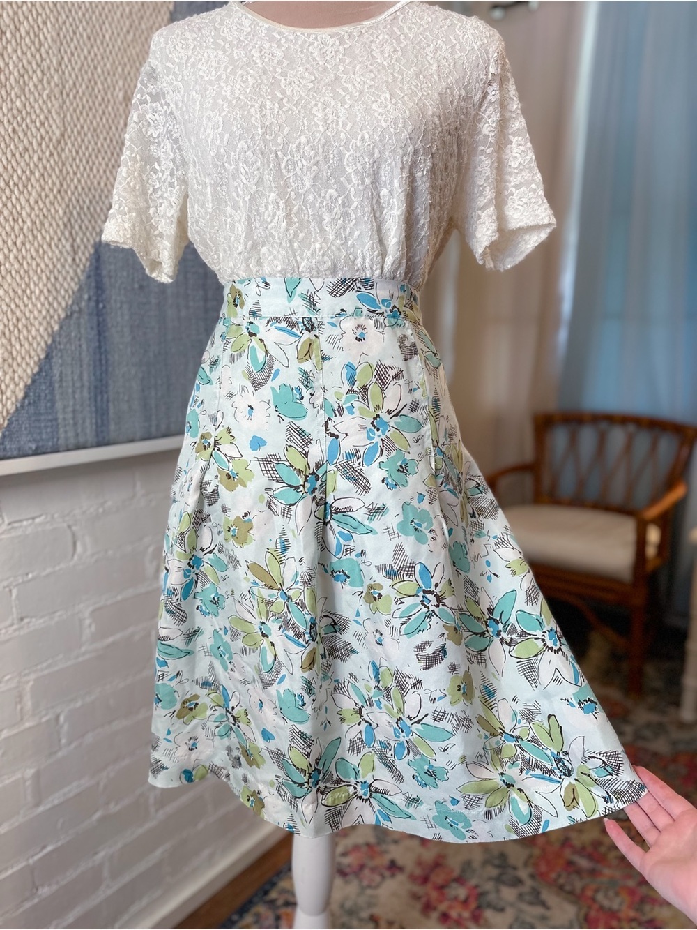 Merona 100% Silk Floral A-Line Midi Skirt in White with Blue & Green Print